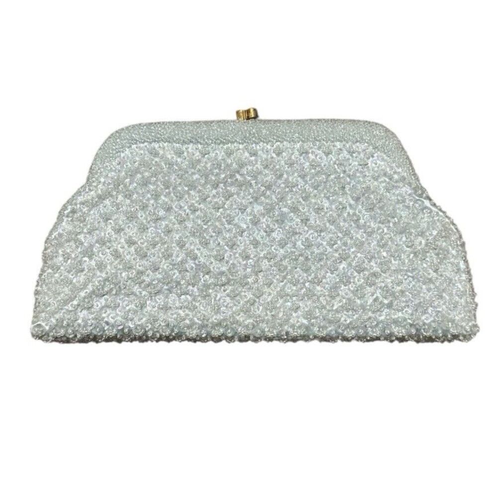 Vintage Regale Ltd White Iridescent Beaded Clutch Handbag Gold Chain 60s Glam